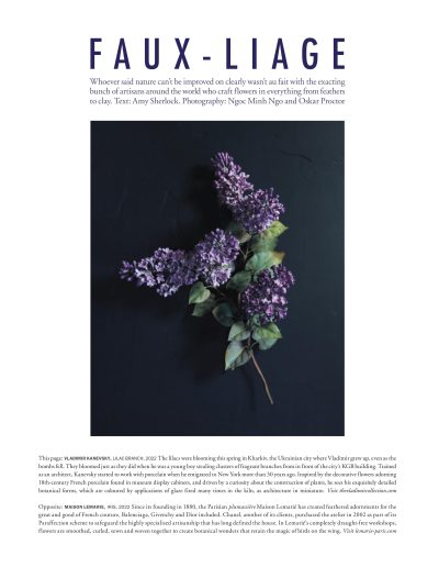 A handmade lilac flower on a black background in the Faux-Liage article
