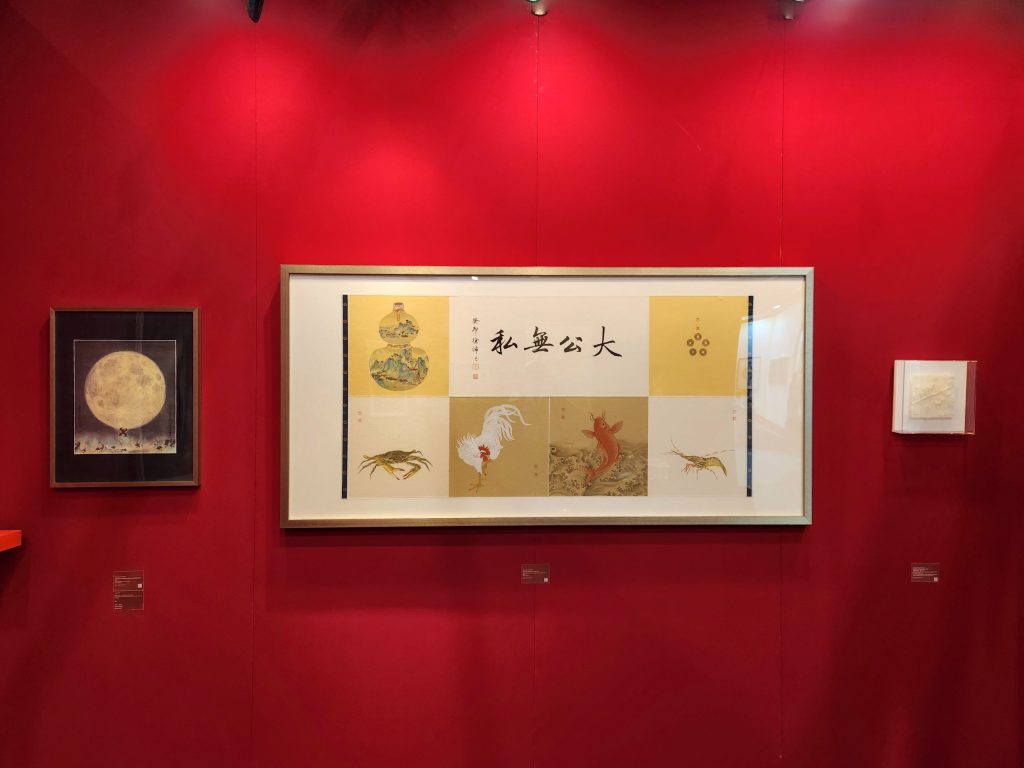 Installation view of Karin Weber Gallery's booth at Fine Art Asia 2023, Hong Kong, showing artworks by gallery artists including Annette Townsend's Plum from the Flight of the Bumblebees series displayed on the right side of the wall.